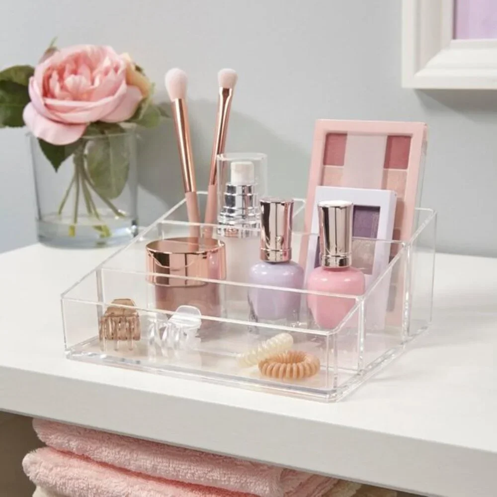New Clear Plastic Vanity Makeup Organizer, 4-Compartment Holder for Beauty Items